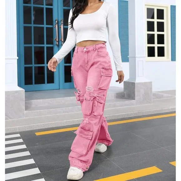 3XL Women's Pink High Rise Baggy Denim Pants - Chic Flap Pocket Cargo Style